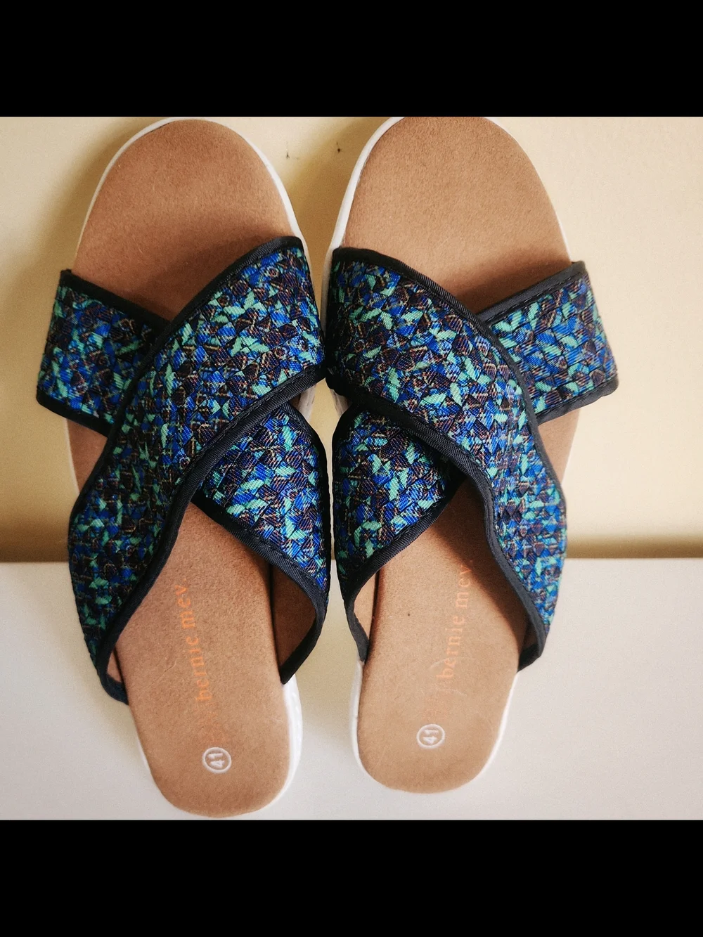 bernie mev. Blue Patterned Cross-Strap Slide Sandals